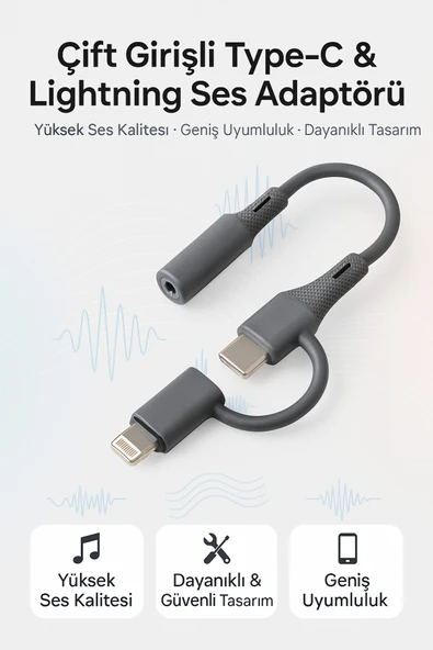Coverzone Type-C + Lightning to 3.5mm Adaptör Araba, Kulaklık, Ev Ses Sistemleri ile Uyumlu | SX-152 ürün görseli 1