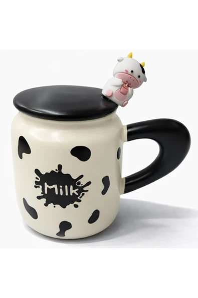 Coverzone Sevimli Milk Figürlü Kapaklı Seramik Mug 300ml Kahve Kupası Kaşıklı Tasarım | Milk ürün görseli 1