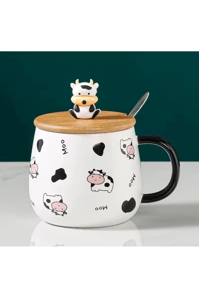 Coverzone İnek Tasarımlı Kapaklı Kaşıklı Seramik Dekoratif Hediyelik Kupa Mug ürün görseli 1