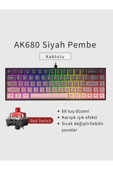 Coverzone 65% Kablolu Hotswap Mekanik Oyun Klavyesi,68 Tuşlu Anti-Ghosting AJAZZ AK680 Pembe | Red Switch ürün görseli 1