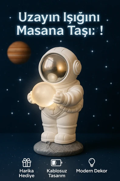 Coverzone Astronot Figür Masa Lambası - 16cm Işıklı Kablosuz Pilli Modern Dekoratif Masa Üstü Lamba ürün görseli 1
