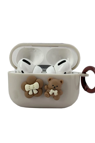 Coverzone Airpods Pro 2 Ile Uyumlu Kulaklık Kılıf Krem Çicek Ve Ayıcık Tasarımlı Sert Koruyucu Toz Ve Kirden ürün görseli 1