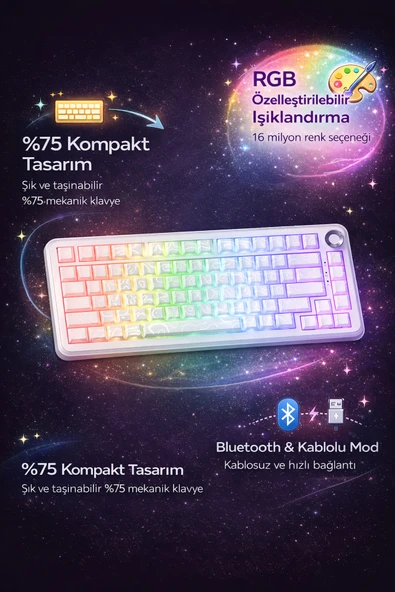 Coverzone White Switch 75% Mekanik Klavye RGB Dual Mode Bluetooth Kablolu Windows Mac | K81 ürün görseli 1