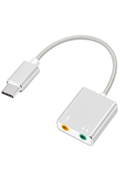 Coverzone Macbook Uyumlu Usb Type-c To Harici Ses Kartı Adaptörü Jack 3.5mm Kulaklık + Mikrofon - Gümüş ürün görseli 1