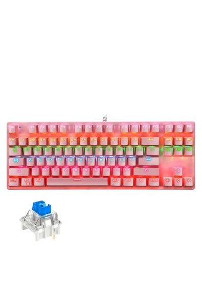 Coverzone Leaven K550 Kablolu Klavye Led Rgb 87 Tuşlu Mekanik Oyuncu Işıklı Pembe Klavye - Mavi Switch ürün görseli 1
