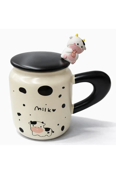 Coverzone Sevimli Milk Love Figürlü Kapaklı Seramik Mug 300ml Kahve Kupası Kaşıklı Tasarım | Milk Love ürün görseli 1