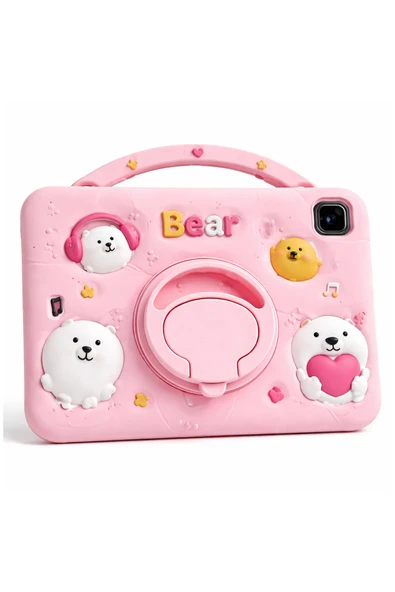 Coverzone iPad Air Uyumlu Kılıf 10.9 inç 5.Nesil MM9E3TU/A 360 Döner Stand Askılı Kalem Yuvalı Pink-Bear ürün görseli 1