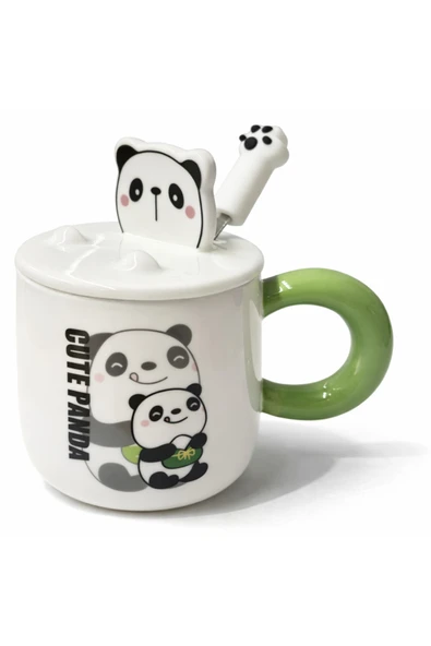 Coverzone Sevimli Yummy Panda Figürlü Kapaklı Seramik Mug 300ml Kahve Kupası Kaşıklı Tasarım | Yummy Panda ürün görseli 1