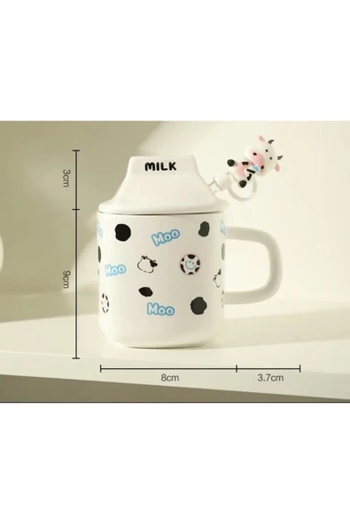Coverzone Sevimli İnek Milk  Figürlü Kapaklı Cam Pipetli Kupa Mug Hediyelık  330 ML ürün görseli 1