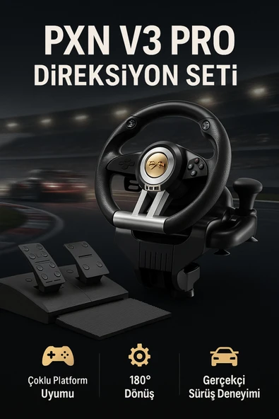 Coverzone Direksiyon Seti – 180° Dönüş, Çift Motor Titreşim, Pedal ve Vitesli Oyun Direksiyonu | PXN V3 Pro ürün görseli 1
