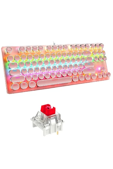 Coverzone Leaven K550 Kablolu Pembe Klavye Daktilo Tarzı Led RGB Mekanik Oyuncu Işıklı Klavye Kırmızı Switch ürün görseli 1