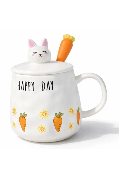 Coverzone Sevimli Happyday Havuç Kapaklı Seramik Mug 300ml Kahve Kupası Kaşıklı Tasarım | Happyday Havuç ürün görseli 1