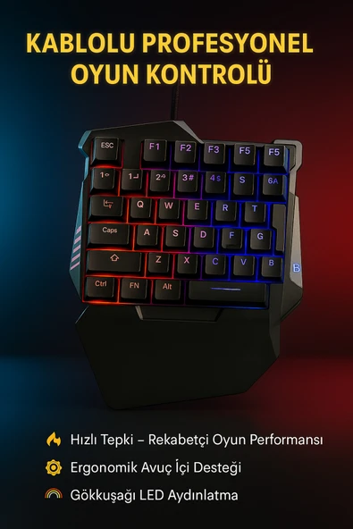 Coverzone Tek Elle Oyun Klavyesi – 35 Tuşlu, Ergonomik, LED Işıklı, Windows/Android/iOS Uyumlu | G7 ürün görseli 1