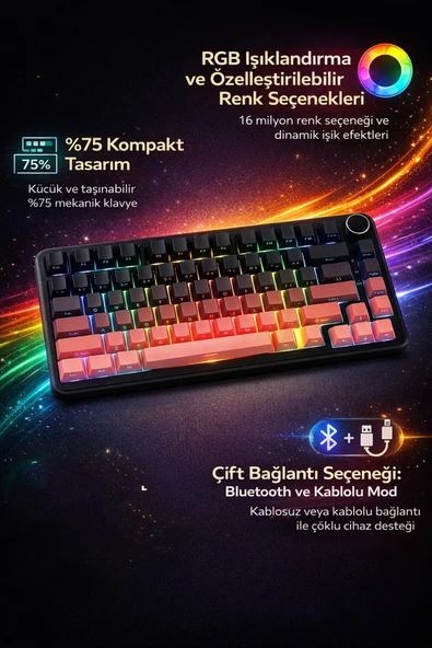 Coverzone White Switch 75% Mekanik Klavye RGB Dual Mode Bluetooth Kablolu Windows Mac | K81 ürün görseli 1