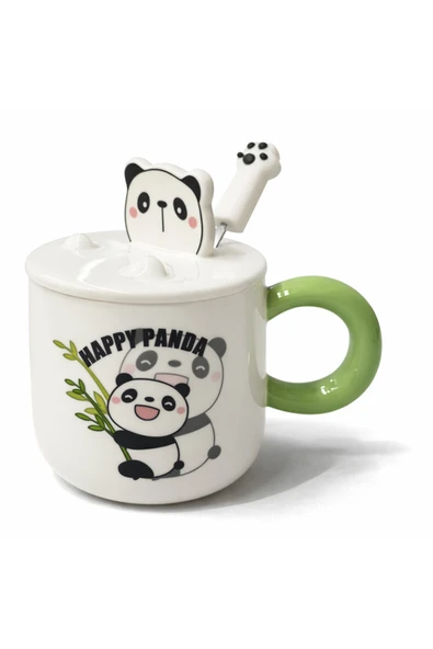 Coverzone Sevimli Happy Panda Figürlü Kapaklı Seramik Mug 300ml Kahve Kupası Kaşıklı Tasarım | Happy Panda ürün görseli 1