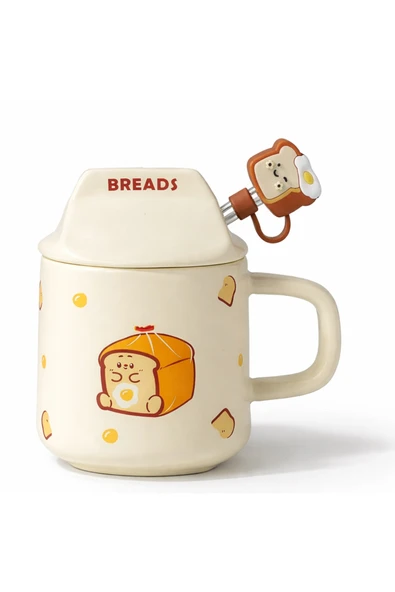 Coverzone Sevimli Breads Kapaklı Seramik Mug 300ml Kahve Kupası Kaşıklı Tasarım | Breads ürün görseli 1