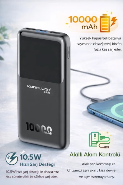Coverzone Ultra Hafif 10000mAh Powerbank 10.5W Hızlı Şarj Type-C 2 USB Çıkış Güç Bankası | A35 ürün görseli 1