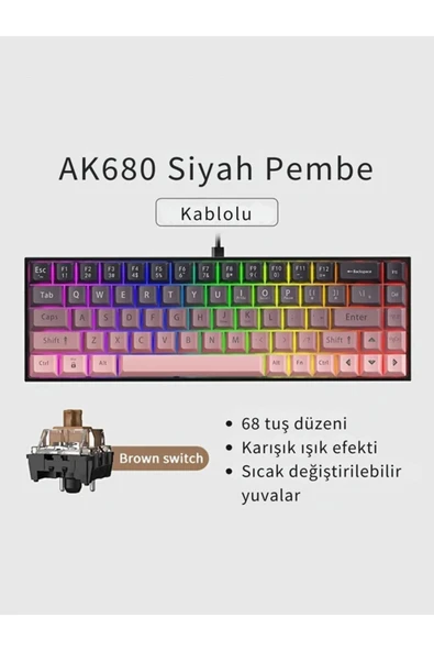 Coverzone 65% Kablolu Hotswap Mekanik Oyun Klavyesi,68 Tuşlu Anti-Ghosting AJAZZ AK680 Pembe | Brown Switch ürün görseli 1