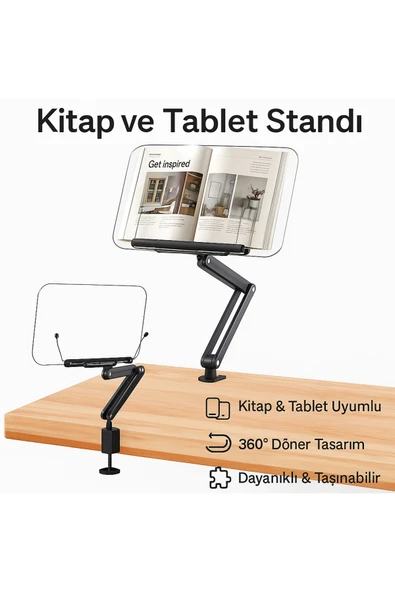 Coverzone Kitap & Tablet Standı Masa Kenarı Kelepçeli, 360° Döner, 87.5cm Ayarlı, Şeffaf Akrilik Panel | P87 ürün görseli 1
