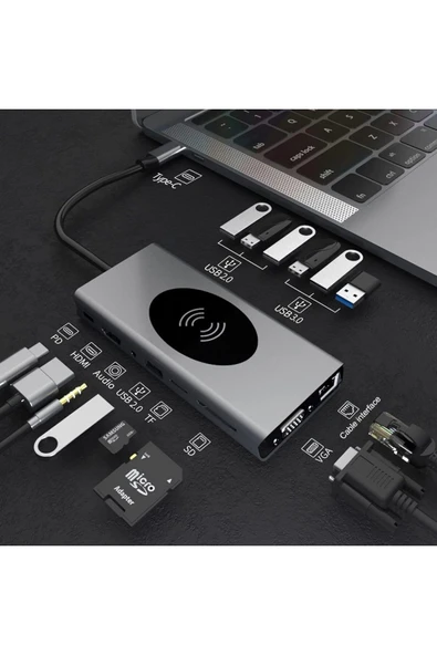 Coverzone Kablosuz Şarj ve HUB Adaptör 13in1 Type-C to HDTV Macbook Uyumlu Çevirici VGA SD TF LAN WPC ZR13 ürün görseli 1