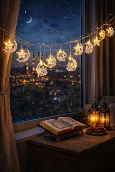 Coverzone 10 Lu 2 Metre Fişli Led Ramazan Temalı Şeffaf Süs Dekorasyon Sarı Işık Aydınlatma Oda Balkon Süsleme ürün görseli 1