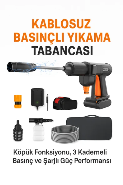 Coverzone Şarjlı Basınçlı Yıkama Tabancası - Köpük Fonksiyonlu, 3 Kademe Basınç, 5m Hortum, Portatif ürün görseli 1