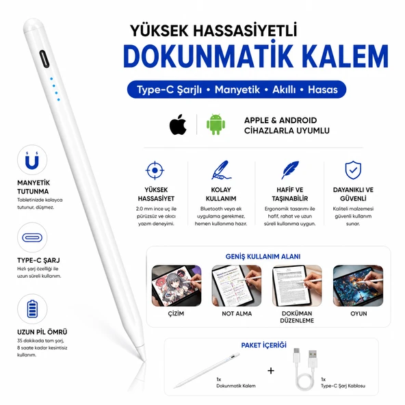 Manyetik Şarjlı Stylus Kalem Type-C Şarjlı Tablet Kalemi Hassas Uçlu Dokunmatik Kalem ürün görseli 1