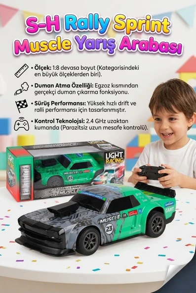 Uzaktan Kumandalı 9 Fonksiyonlu Sesli Işıklı 1:8 Ölçekli Duman ve Drift Atan 2.4GHz Oyuncak Araba ürün görseli 1