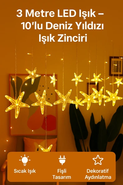 Coverzone 3 metre Led Işık 10'lu Deniz Yıldızı Işık Zinciri Dekoratif Fişli Aydınlatma Ev Dekorasyonu Süsleme ürün görseli 1