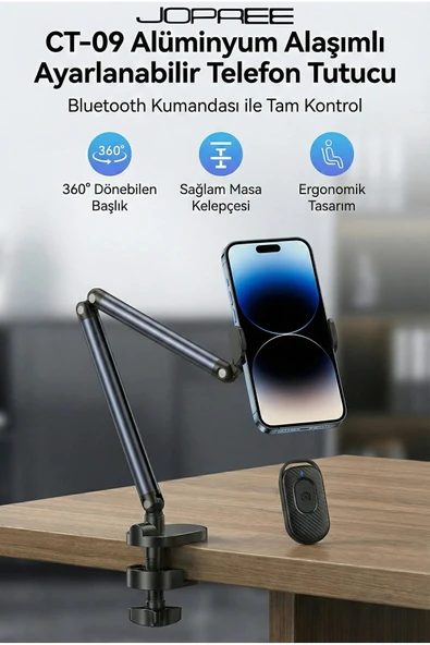 Jopree Uzaktan Kumandalı Masa Kelepçeli Telefon Stand 58cm 360° Döner Tablet Uyumlu | CT09 ürün görseli 1