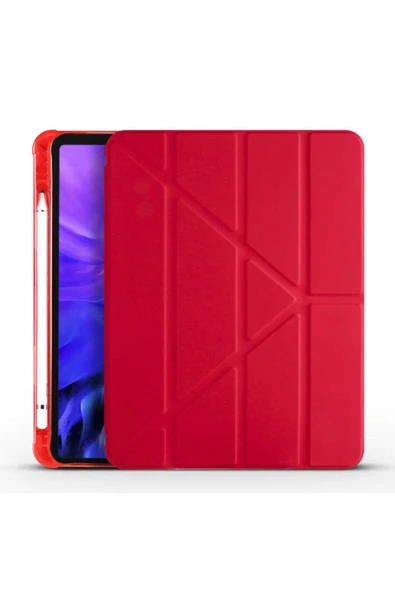 Coverzone Apple Ipad 10.2 (8.nesil) Tofu Folding Kalem Tutacaklı Standlı Kılıf Kırmızı ürün görseli 1
