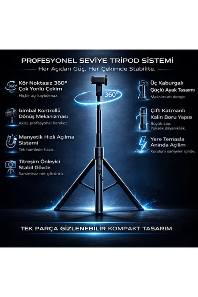 Coverzone 160cm Otomatik Açılan Tripod Magsafe,Kumandalı,Alüminyum Gövde, Manyetik Sabitleme,Selfie,Video,D17C ürün görseli 1