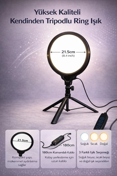 Coverzone 21.5cm Halka Işık 180cm Kablolu Stüdyo Işığı Fotoğraf Makinesi Kamera Youtuber | HP260 ürün görseli 1