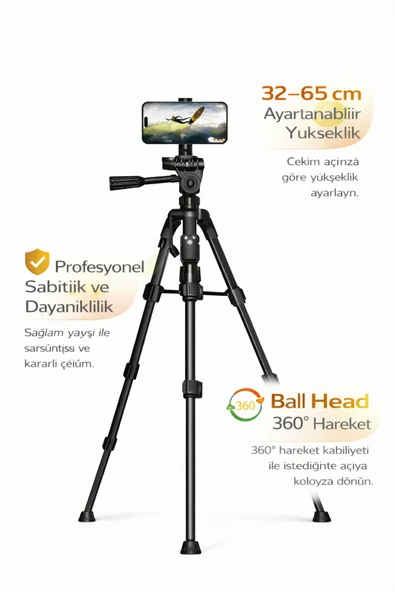 Coverzone 65 cm Profesyonel Tripod Telefon ve Kamera İçin Alüminyum 4 Kg Taşıma Bluetooth Kumandalı NP-610S ürün görseli 1