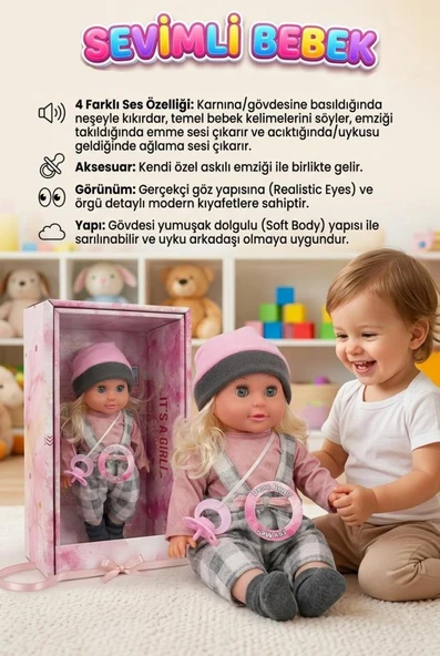 Sevimli Bebeğim! 4 Farklı Sesli İnteraktif Ağlıyan 34cm Emzikli Kıyafetli Oyuncak Bebek ürün görseli 1
