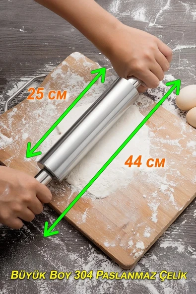 Büyük Boy Paslanmaz Çelik Merdane Ergonomik Döner Saplı Hamur Açma Rulosu Mutfak Şef Yardımcısı ürün görseli 1