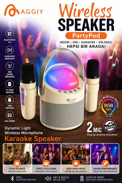 PartyPod Bluetooth 5.3 Destekli Çok Fonksiyonlu Kablosuz Mikrofon Ve Hoparlör ürün görseli 1