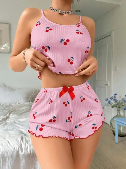 2Lİ Kirazlı Şortlu Pijama Takım ürün görseli 1