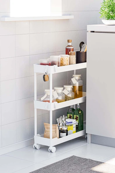Beyaz 3 Katlı Tekerlekli Dar Düzenleyici Mutfak ve Banyo Rafı Vesken ürün görseli 1