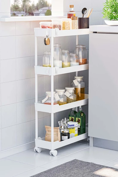 Beyaz 4 Katlı Tekerlekli Dar Düzenleyici Mutfak ve Banyo Rafı Vesken ürün görseli 1