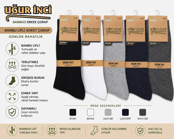 Uğur İnci Klasik Bambu Erkek Çorabı – Nefes Alan, Terletmeyen, Yumuşak ve Dayanıklı Günlük Çorap 6 lı Paket ürün görseli 1