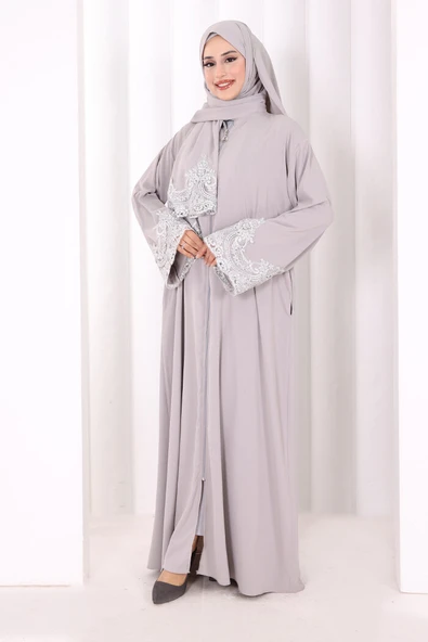 Dantelli Namaz Feracesi 6093 Gri - Resim 2