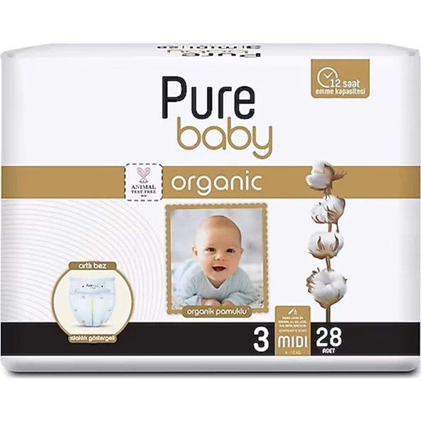 Pure Baby Organik Bebek Bezi 3 Beden 4-10 KG Midi 28 Adet Ekonomik Pk ürün görseli 1