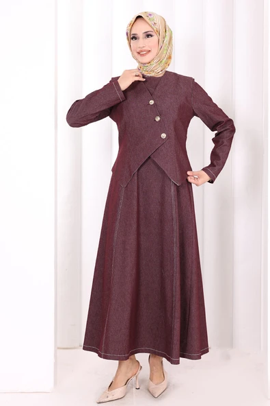Yelekli Denim Elbise 6081 Bordo ürün görseli 1