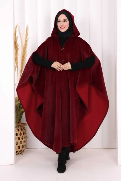 Foks Kumaş Kapşonlu Panço 70130 Bordo ürün görseli 1