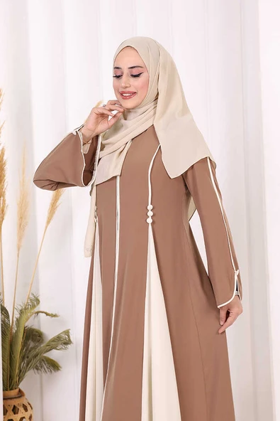 Dubai Biyeli Fermuarlı Ferace 7050 Taba - Resim 7