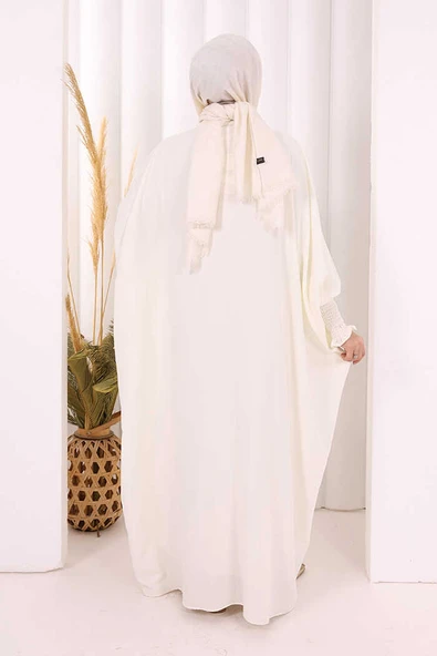 Yarasakollu Elbise 6077 Ekru - Resim 4