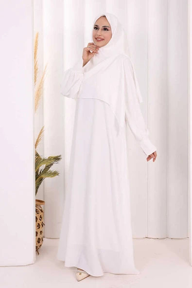 Eşarplı Elbise 6059 Ekru - Resim 3