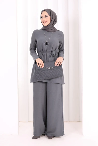 Kolyeli Tunik Pantolon Takım 8027 Antrasit - Resim 2