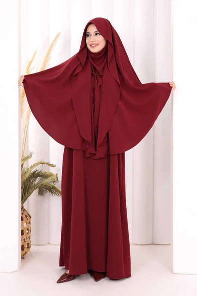Peçeli Cilbab Model Elbise 6063 Bordo - Resim 3